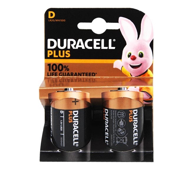 DURACELL Plus Type D Alkaline Batteries, pack of 2