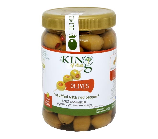 KING OF OLIVES Halkidikis green olives 450g – stuffed with red pepper