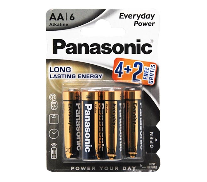 PANASONIC Type AA Alkaline Batteries, pack of 6 (4+2 FREE)