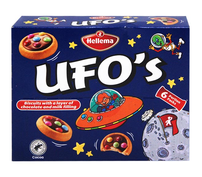 HELLEMA UFOs biscuits with a layer of chocolate and milk filling 140g (6 portion packs)