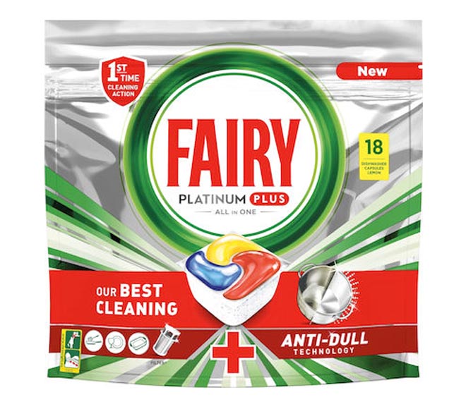 FAIRY Platinum Plus dishwasher 18 capsules 279g – Anti-Dull