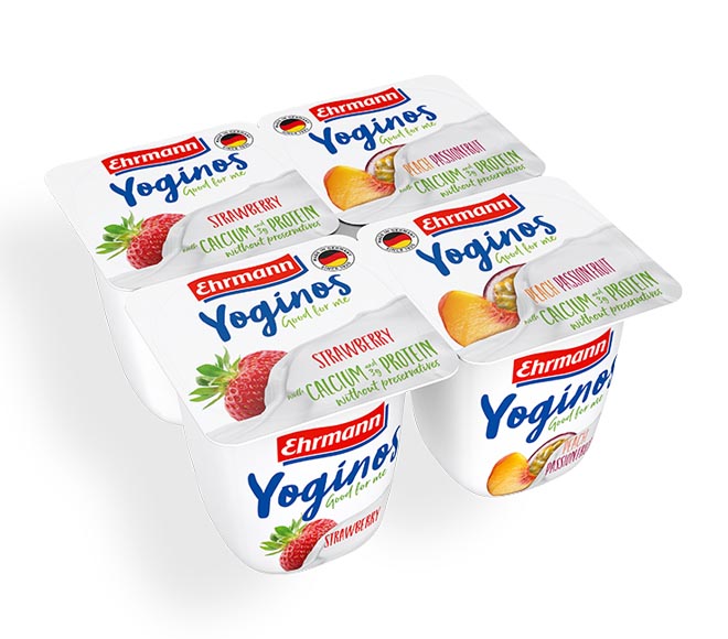 fruit yogurt EHRMANN yoginos 4x100g – strawberry & peach/passion fruit