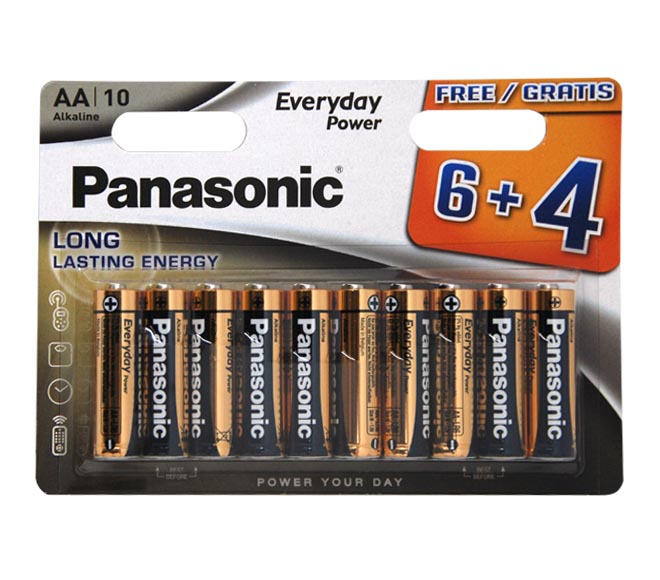PANASONIC Type AA Alkaline Batteries, pack of 10 (6+4 FREE)