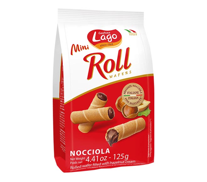 GASTONE LAGO Mini Roll Wafers 125g – Milk Cream – Hazelnut