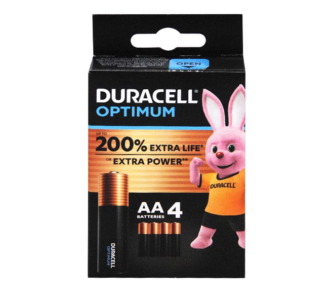 DURACELL Optimum Type AA Alkaline Batteries, pack of 4, 200% extra life