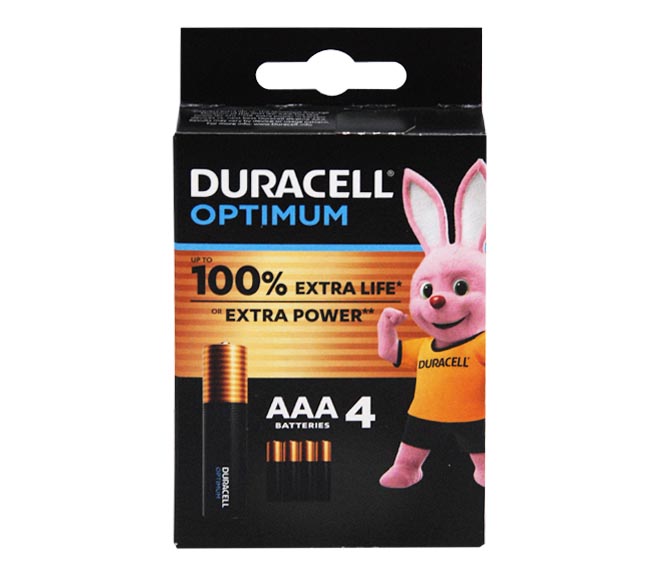 DURACELL Optimum Type AAA Alkaline Batteries, pack of 4