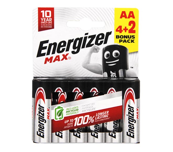 ENERGIZER Type AA Alkaline Batteries, pack of 6 (4+2 FREE)