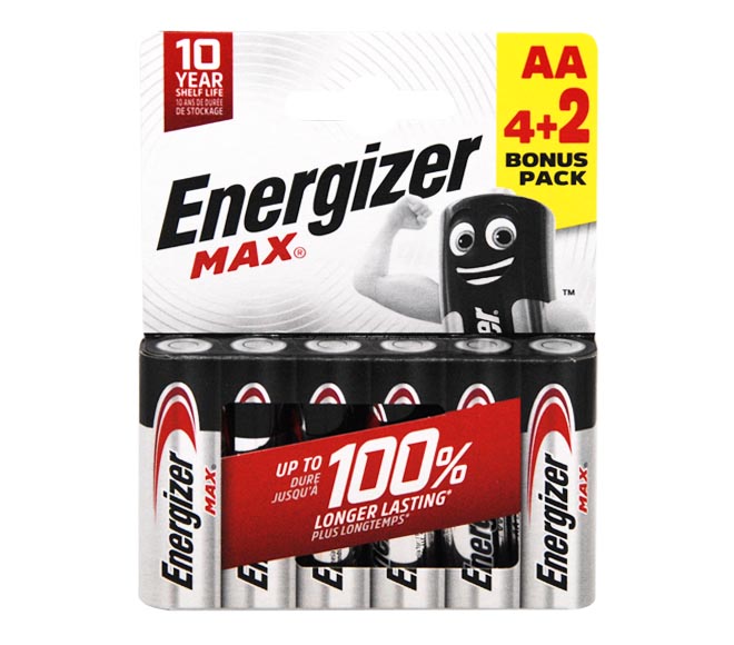 ENERGIZER Type AA Alkaline Batteries, pack of 6 (4+2 FREE)