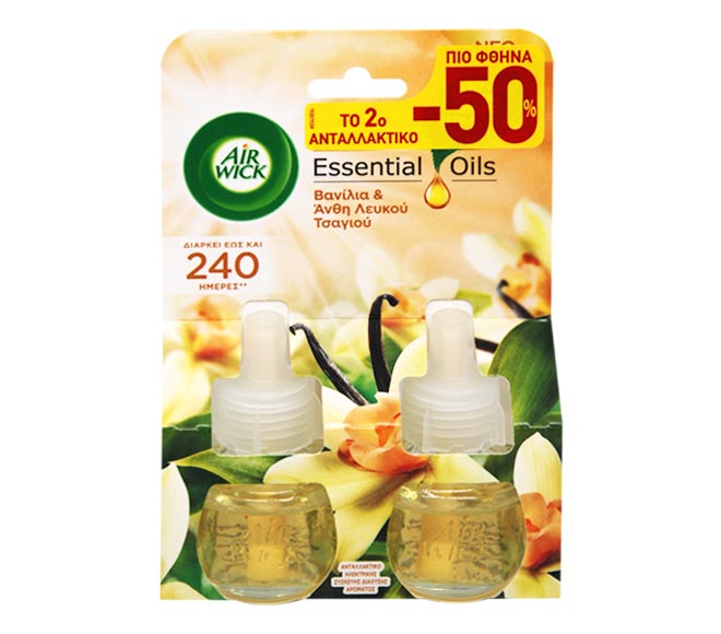 AIR WICK diffuser refill essential oils 2X19ml – Vanilla and White Tea Blossoms (-50% LESS)