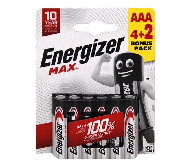 ENERGIZER Max Type AAA Alkaline Batteries, pack of 6 (4+2 FREE)