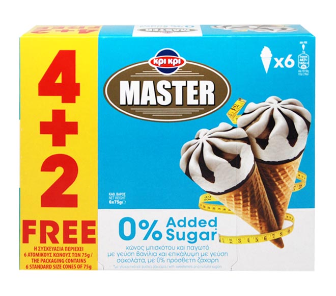 ice cream KRI KRI – MASTER 0% Added Sugar cones 6 pieces (4+2x75g)