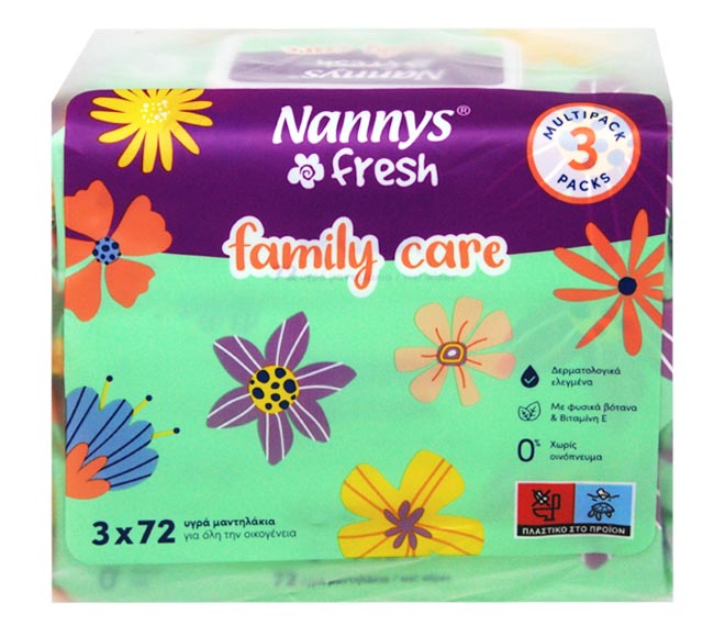 NANNYS fresh baby wipes family care with aloe, jojoba & vitamin E 3x72pcs (2+1 FREE)