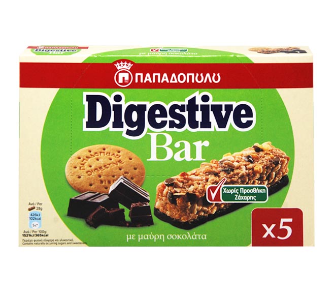 PAPADOPOULOS Digestive bar with dark chocolate no added sugar 5x28g