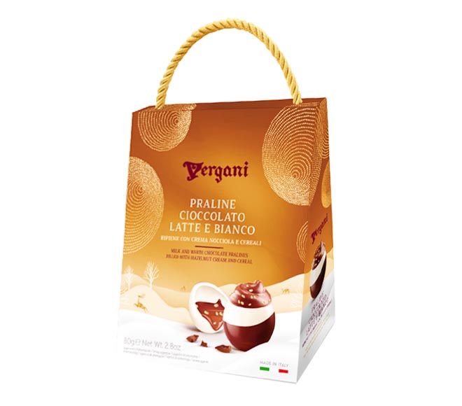 VERGANI Gift Bag Milk & White Chocolate Pralines 80g – Hazelnut Cream & Cereals