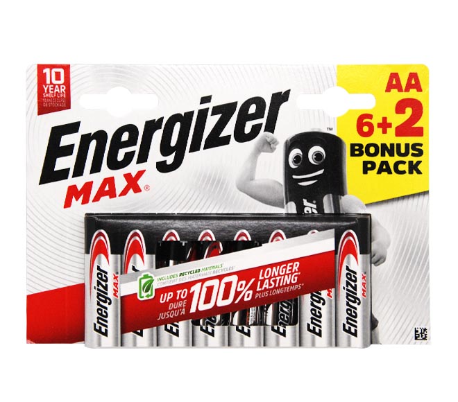 ENERGIZER Max Type AA Alkaline Batteries, pack of 8 (6+2 FREE)