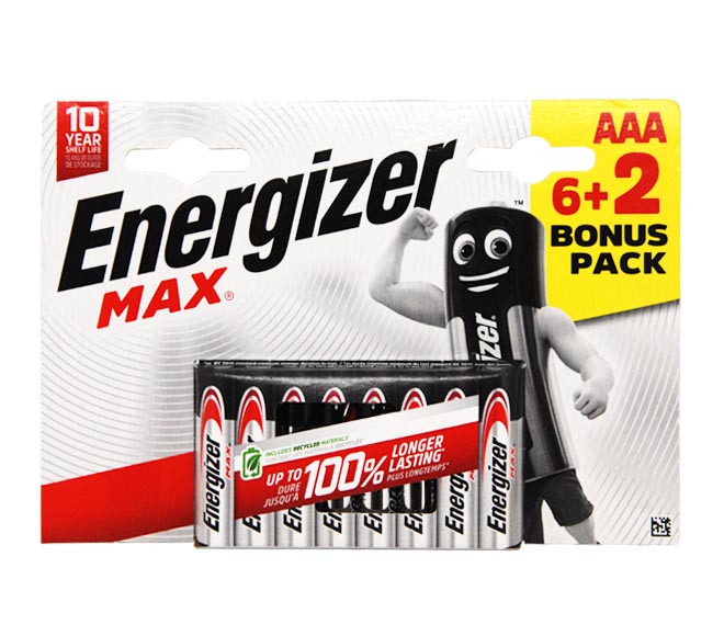 ENERGIZER Max Type AAA Alkaline Batteries, pack of 8 (6+2 FREE)