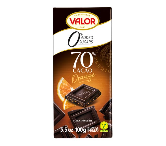 VALOR chocolate 0% added sugars 100g – 70% Cacao Orange