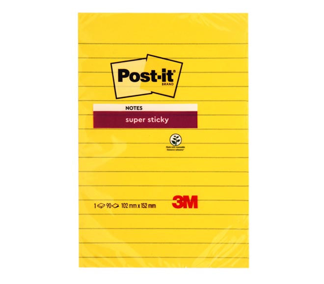 Notes POST-IT yellow x90 – super sticky with lines (102mm x 152mm)