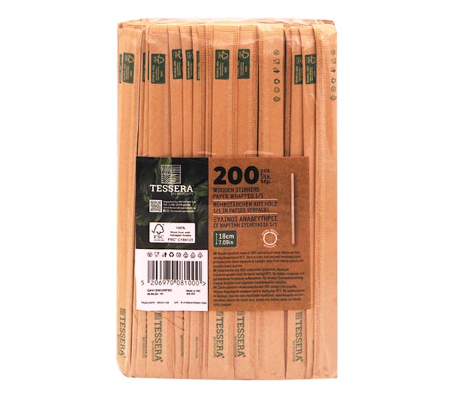 stirrers TESSERA wooden paper wrapped 18cm x 200pcs