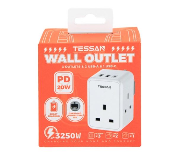 Adaptor TESSAN cube wall outlet (3x13A+2 USB-A+1 USB-C)