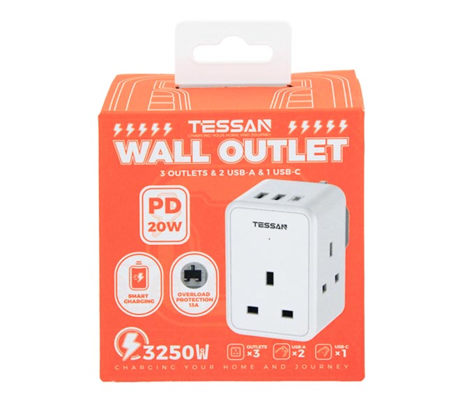 Adaptor TESSAN cube wall outlet (3x13A+2 USB-A+1 USB-C)