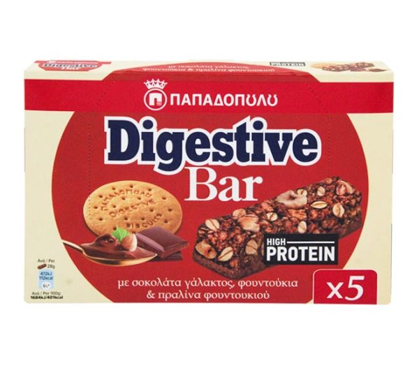 PAPADOPOULOS Digestive bar high protein with milk chocolate, hazelnuts and hazelnut praline 5x28g
