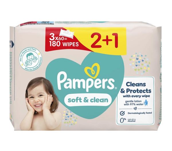 PAMPERS baby wipes 180pcs 3x60pcs (2+1FREE) - Soft & Cream